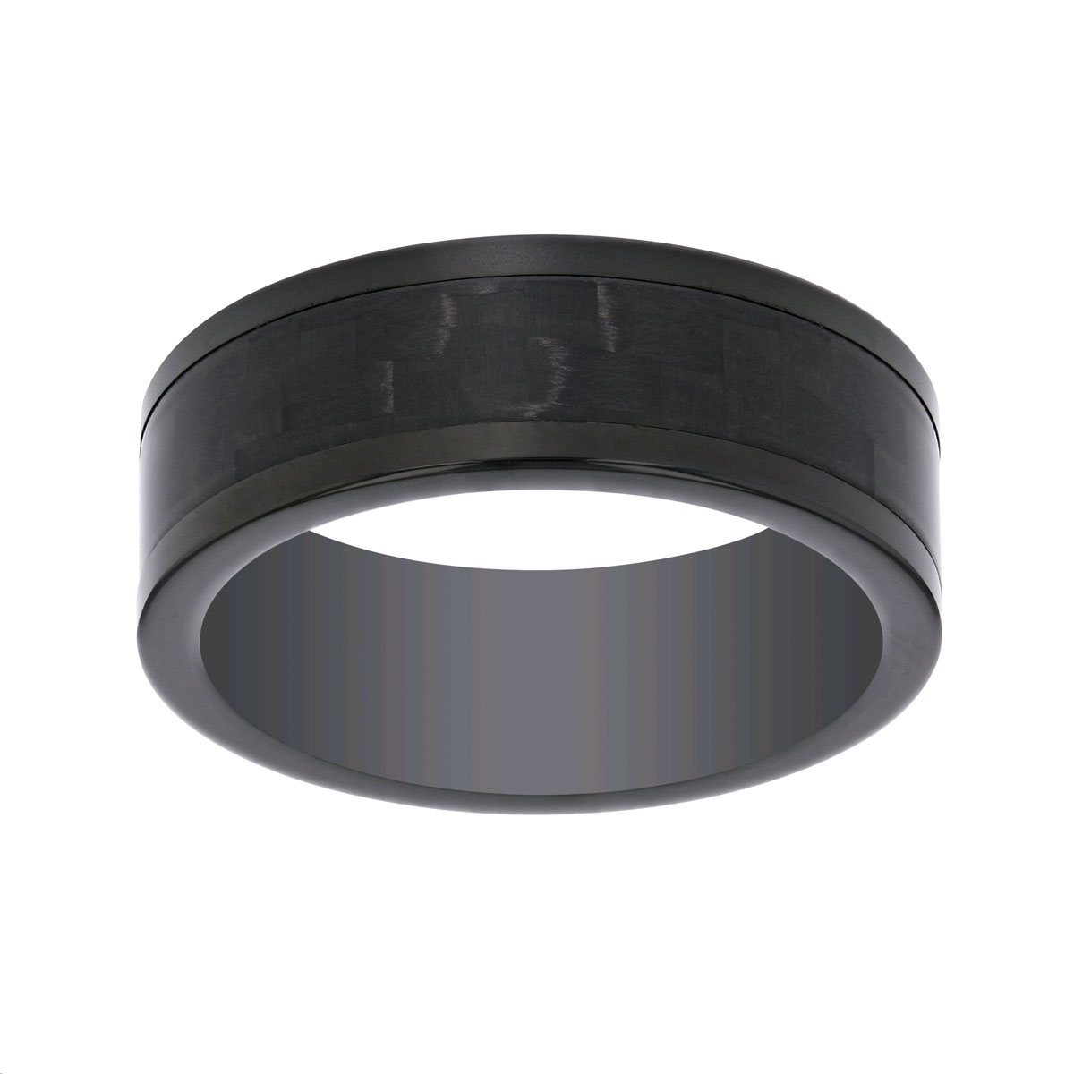 Black Tungsten 8 mm Comfort Fit Flat Wedding Band with Black Carbon Fiber Inlay, Size 10