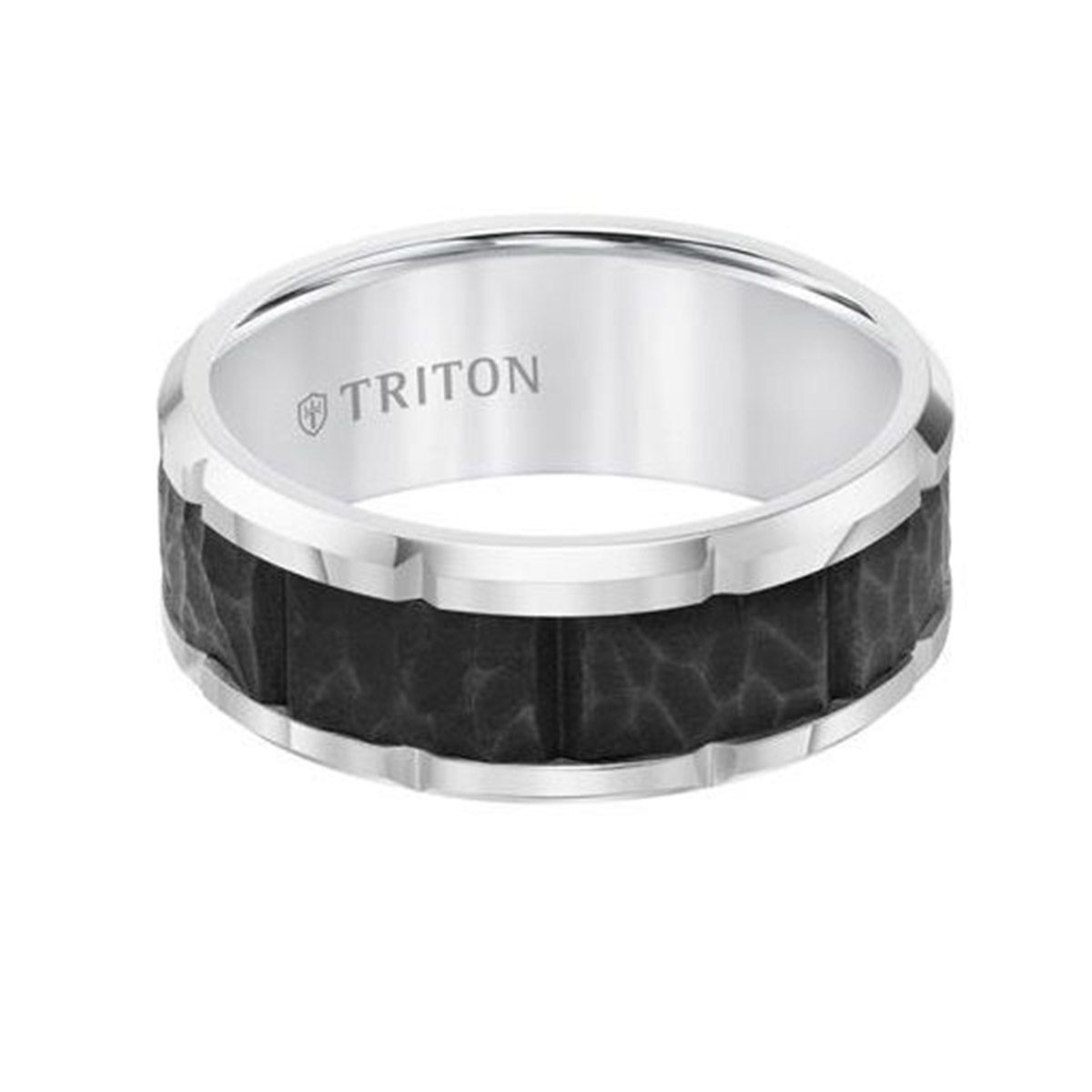 Black & White Tungsten 9mm Textured Block Center Band, Size 10