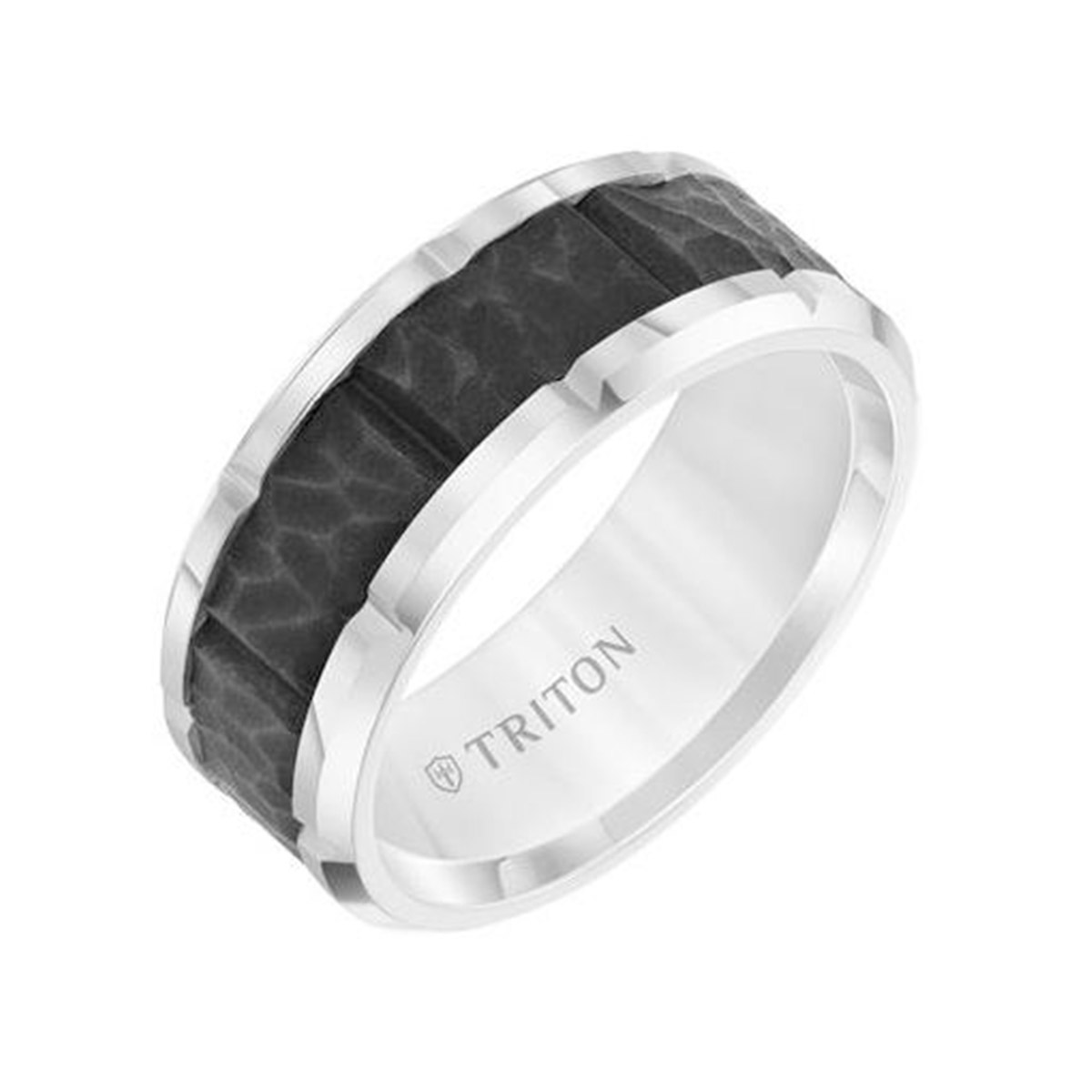 Black & White Tungsten 9mm Textured Block Center Band, Size 10