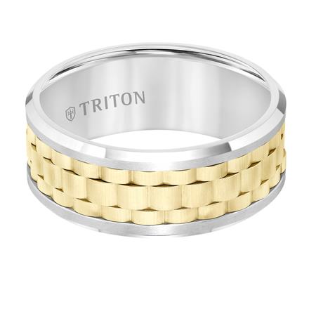Yellow & White Tungsten Basketweave Pattern 9 mm Comfort Fit Wedding Band, Size 10