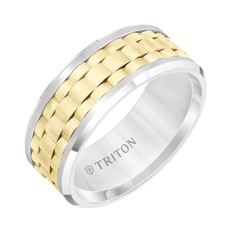 Yellow & White Tungsten Basketweave Pattern 9 mm Comfort Fit Wedding Band, Size 10