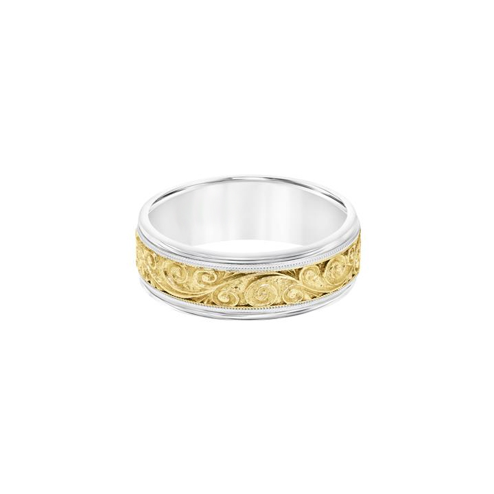 14K Yellow & White Gold Engraved Wedding Band, Size 10