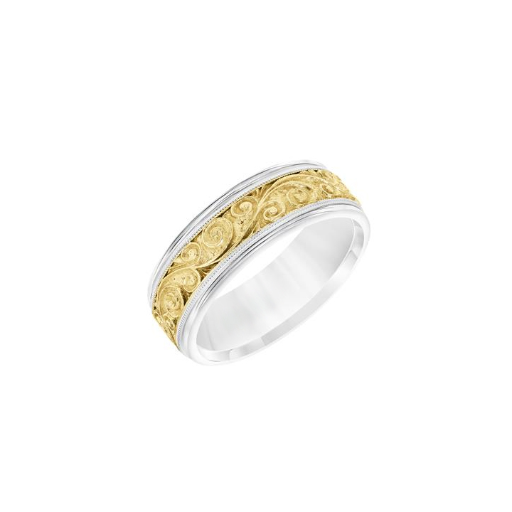 14K Yellow & White Gold Engraved Wedding Band, Size 10