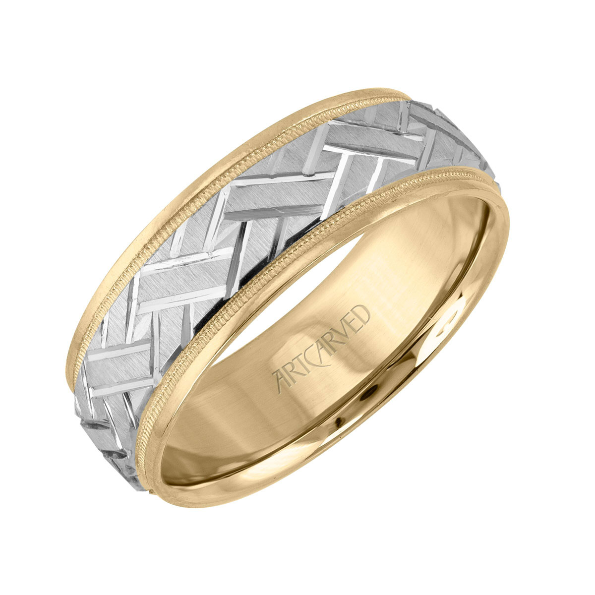 ArtCarved White Gold Comfort Fit 7 mm Wedding Band with Satin Engraved Center & Yellow Gold Edge