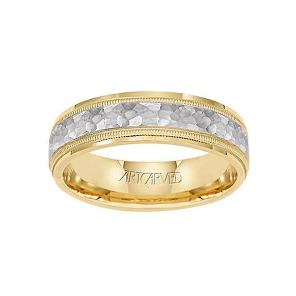 ArtCarved Two Tone Gold Hammered & Milgrain Wedding Band, Size 10