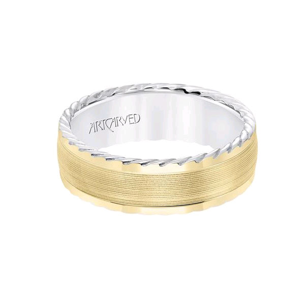 ArtCarved Two Tone Low Dome 7 mm Wedding Band with Serrated Finish Exterior, Size 10