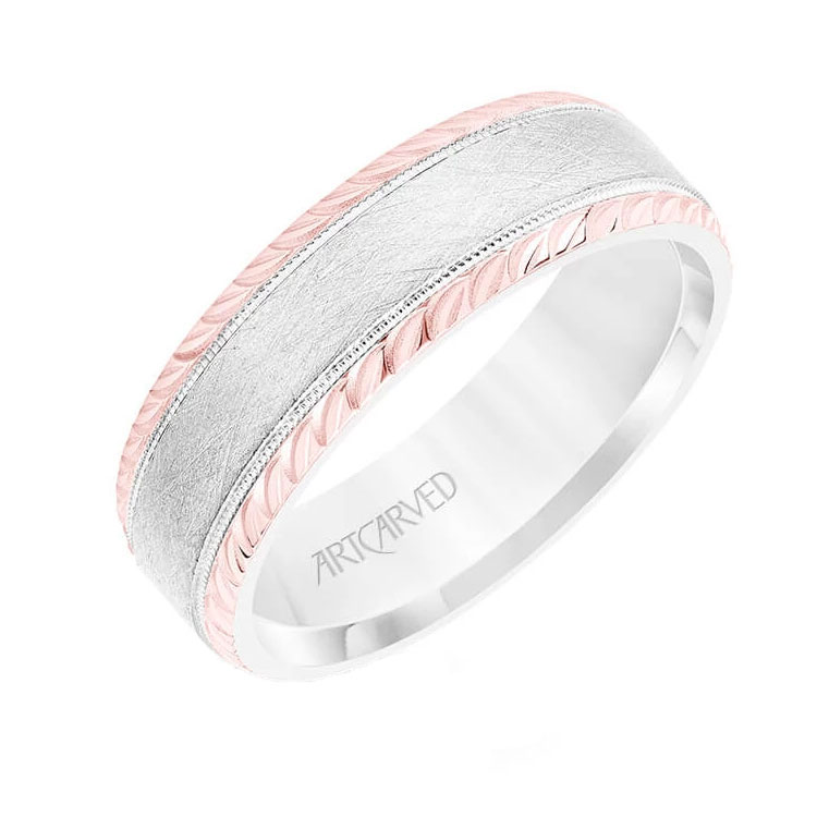 ArtCarved Rose & White Gold Comfort Fit 7 mm Ring with Rope Edge, Size 10