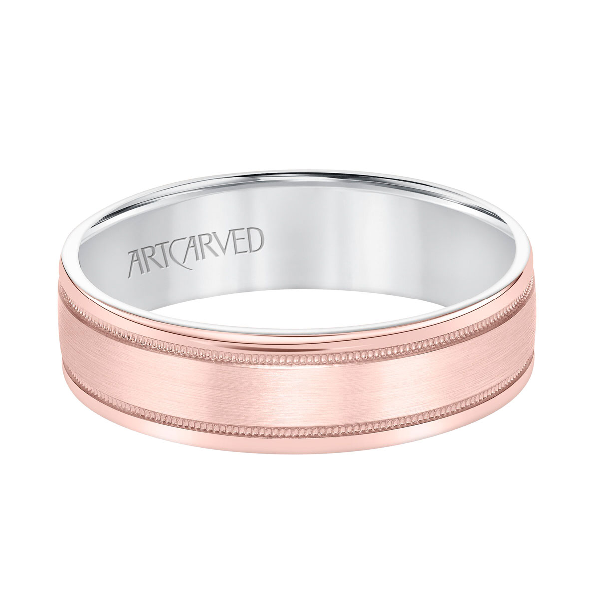 ArtCarved Satin Rose Gold Milgrain Comfort Fit 6 mm Wedding Band with White Gold Interior, Size 10