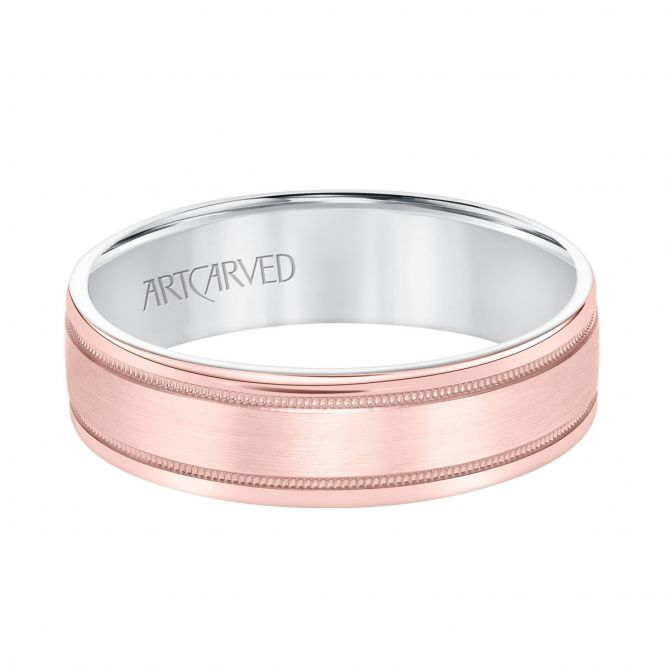 ArtCarved Satin Rose Gold Milgrain Comfort Fit 6 mm Wedding Band with White Gold Interior, Size 10