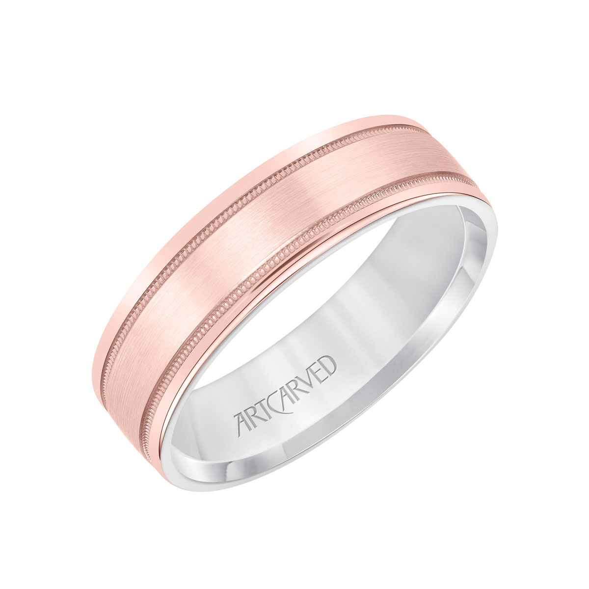 ArtCarved Satin Rose Gold Milgrain Comfort Fit 6 mm Wedding Band with White Gold Interior, Size 10