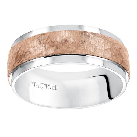 ArtCarved Rose Gold & White Gold Comfort Fit Hammered 8 mm Wedding Band, Size 11
