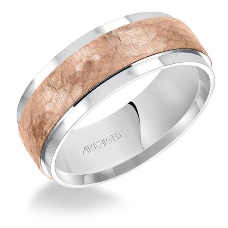 ArtCarved Rose Gold & White Gold Comfort Fit Hammered 8 mm Wedding Band, Size 11