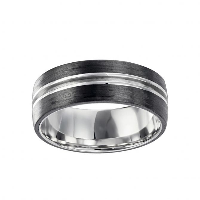 Furrer-Jacot White Gold & Black Carbon Fiber Groove 8 mm Wedding Band, Size 9.5