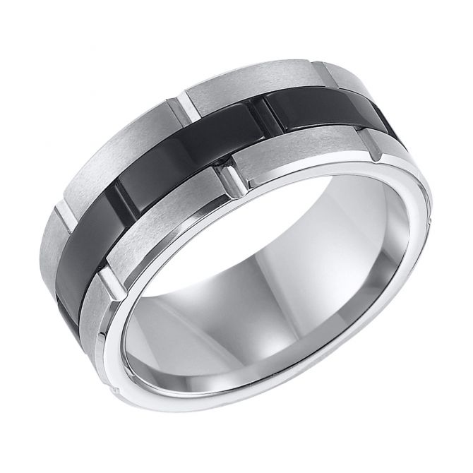 Black & White Tungsten Comfort Fit 8.5 mm Brick Pattern Wedding Band, Size 12