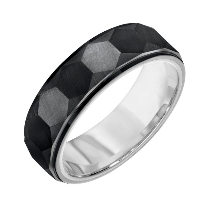 Black & White Tungsten 7 mm Hexagon Faceted Wedding Band, Size 10.5
