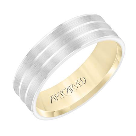 ArtCarved Two Tone 3 Row Satin Grooved 6.5 mm Wedding Band, Size 10
