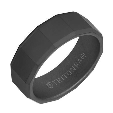 Black Tungsten & DLC Sandblast Finish Faceted 8 mm Wedding Band, Size 10
