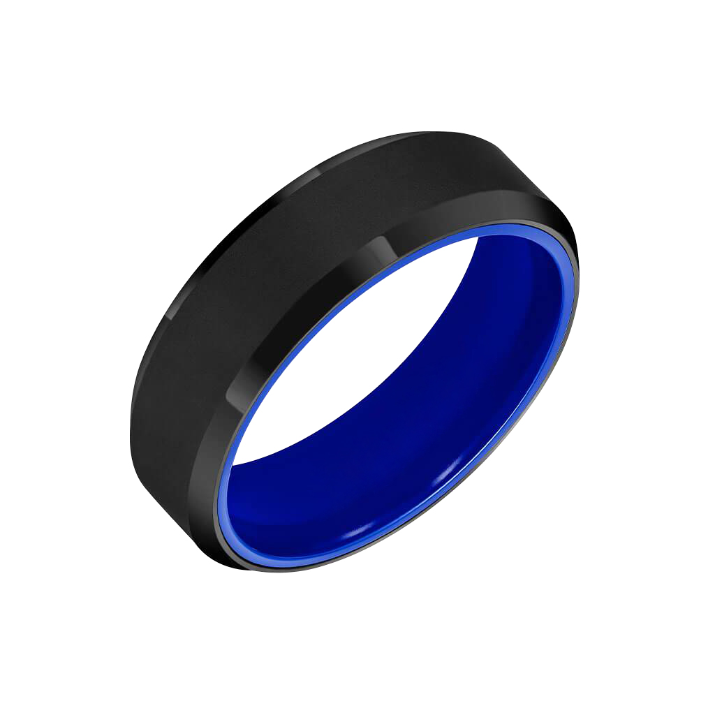 Black Tungsten, DLC, & Blue Ceramic 8 mm Beveled Edge Wedding Band, Size 10