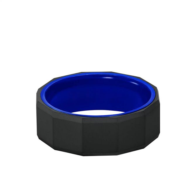 Black Tungsten, DLC, & Blue Ceramic 8 mm Faceted Wedding Band, Size 10