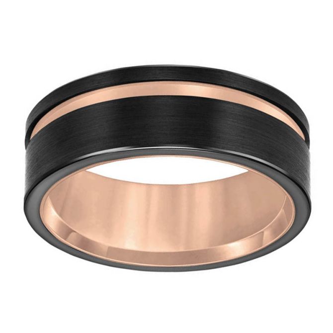 Black Tungsten Satin 8 mm Wedding Band with Rose Stripe & Interior, Size 10