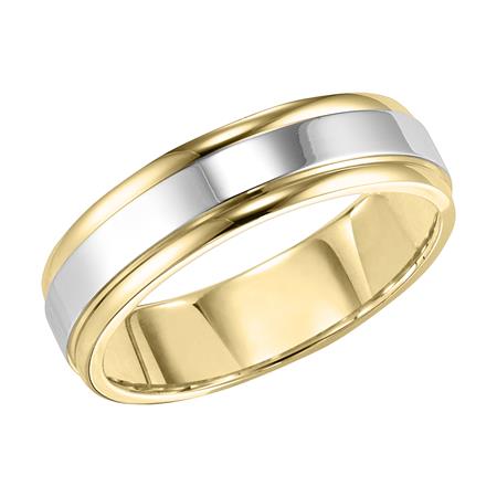 Two Tone Yellow & White Gold Step Edge 6 mm Comfort Fit Wedding Band, Size 10.5