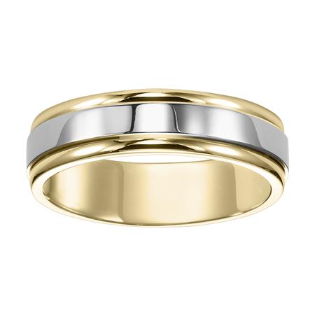 Two Tone Yellow & White Gold Step Edge 6 mm Comfort Fit Wedding Band, Size 10.5