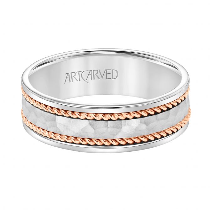 ArtCarved Hammered White Gold Wedding Band with Rose Gold Rope Detail, Size 10