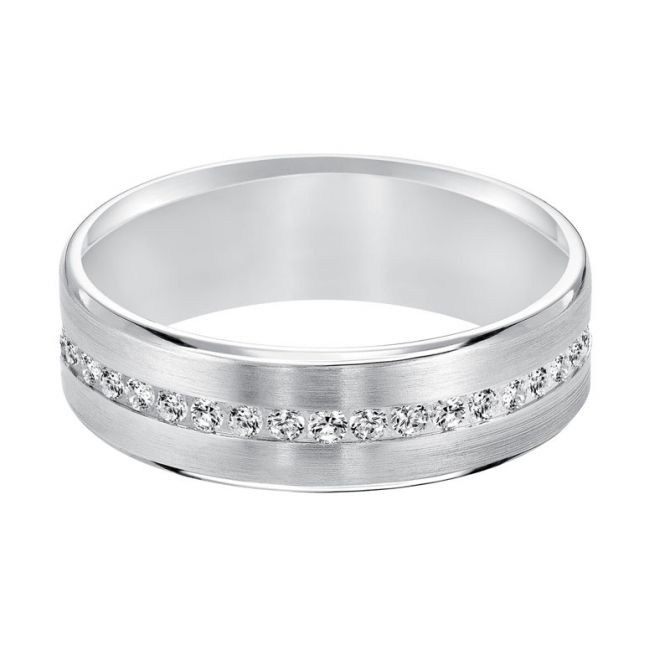 6.5 mm Diamond Channel Set Wedding Band with Satin Finish in White Gold, Size 10