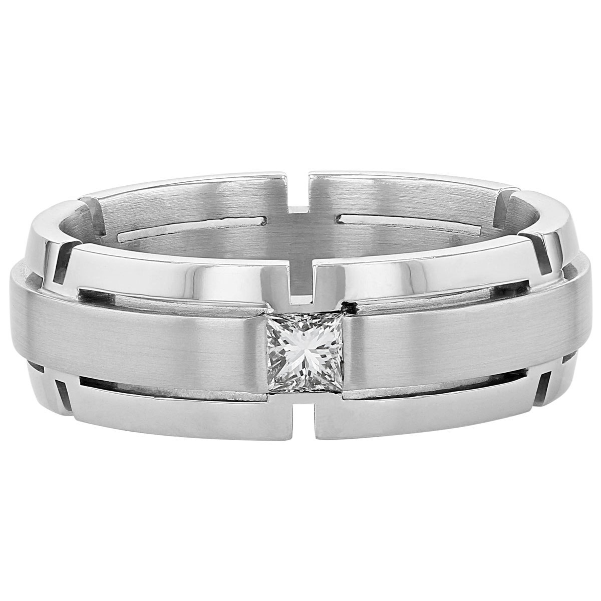 Furrer-Jacot White Gold Princess Cut Diamond Notched 7.5 mm Wedding Band, Size 10