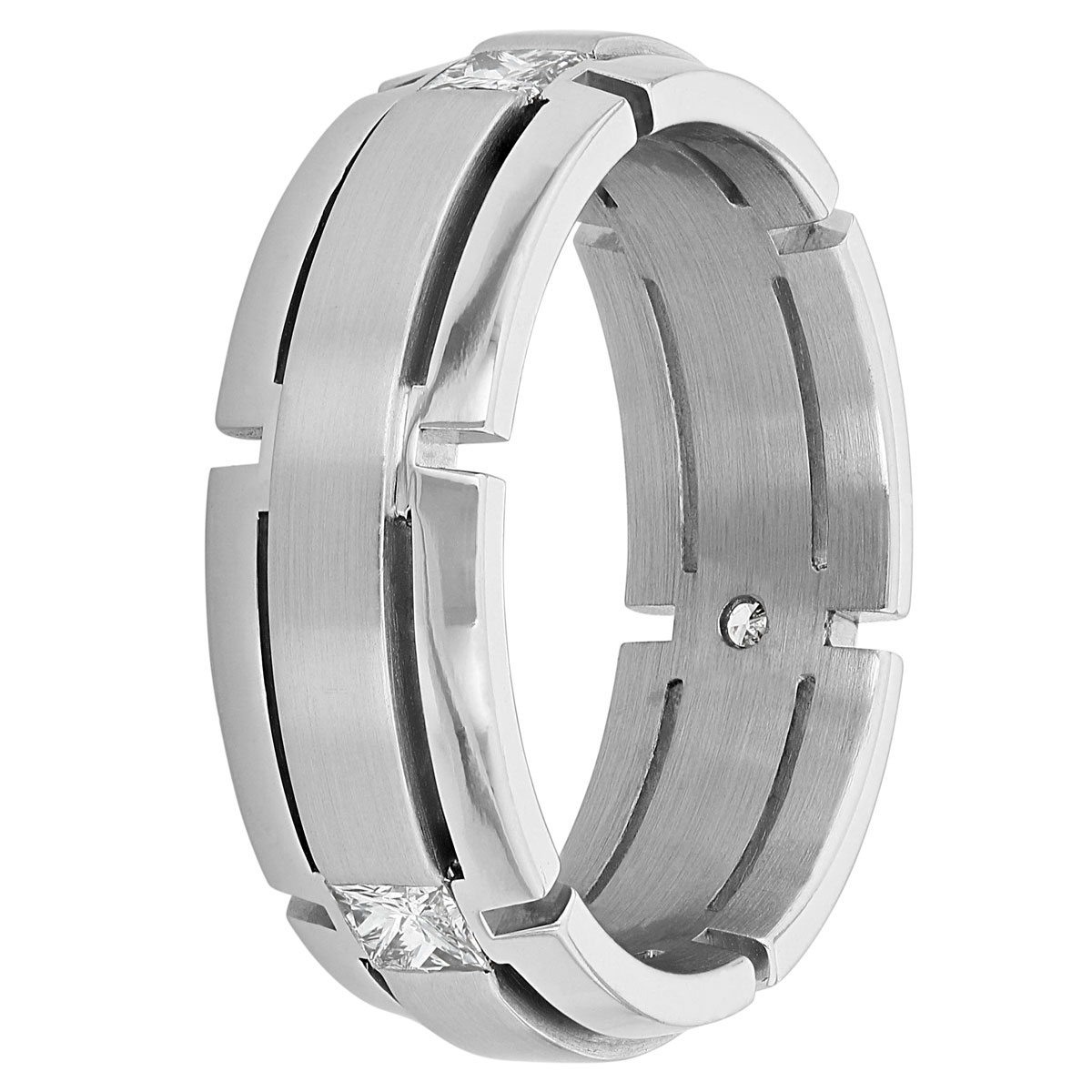 Furrer-Jacot White Gold Princess Cut Diamond Notched 7.5 mm Wedding Band, Size 10