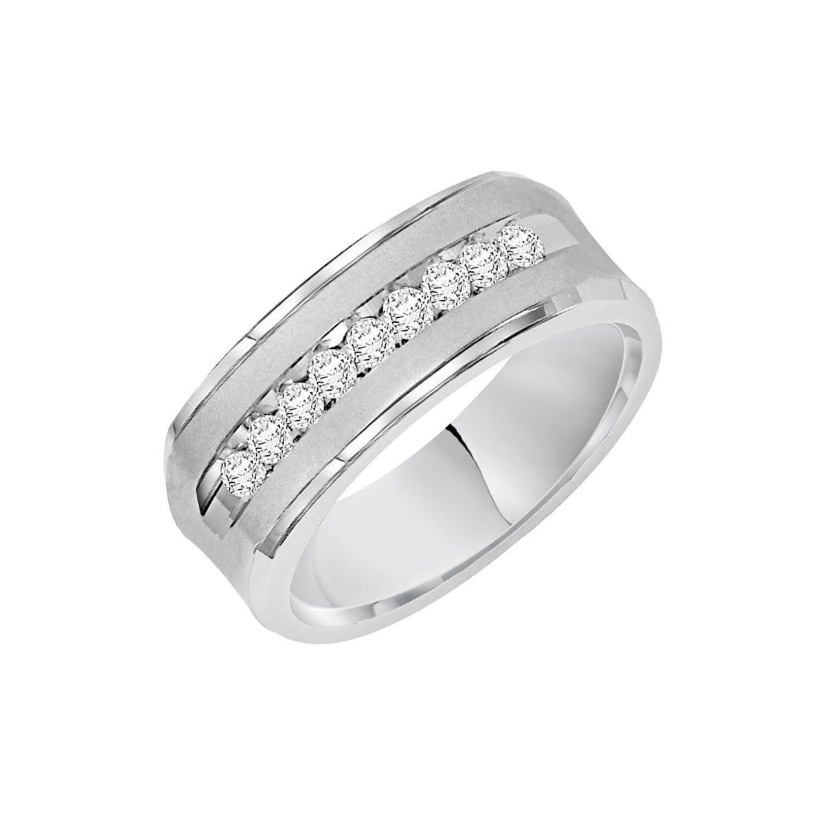 7 mm Diamond Channel Set Wedding Band with Satin Center & Beveled Edge in White Gold, Size 10