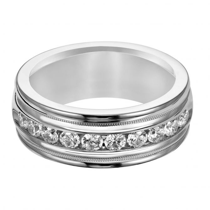 8.5 mm Diamond Channel Set High Polish Wedding Band with Milgrain Edge in White Gold, Size 10