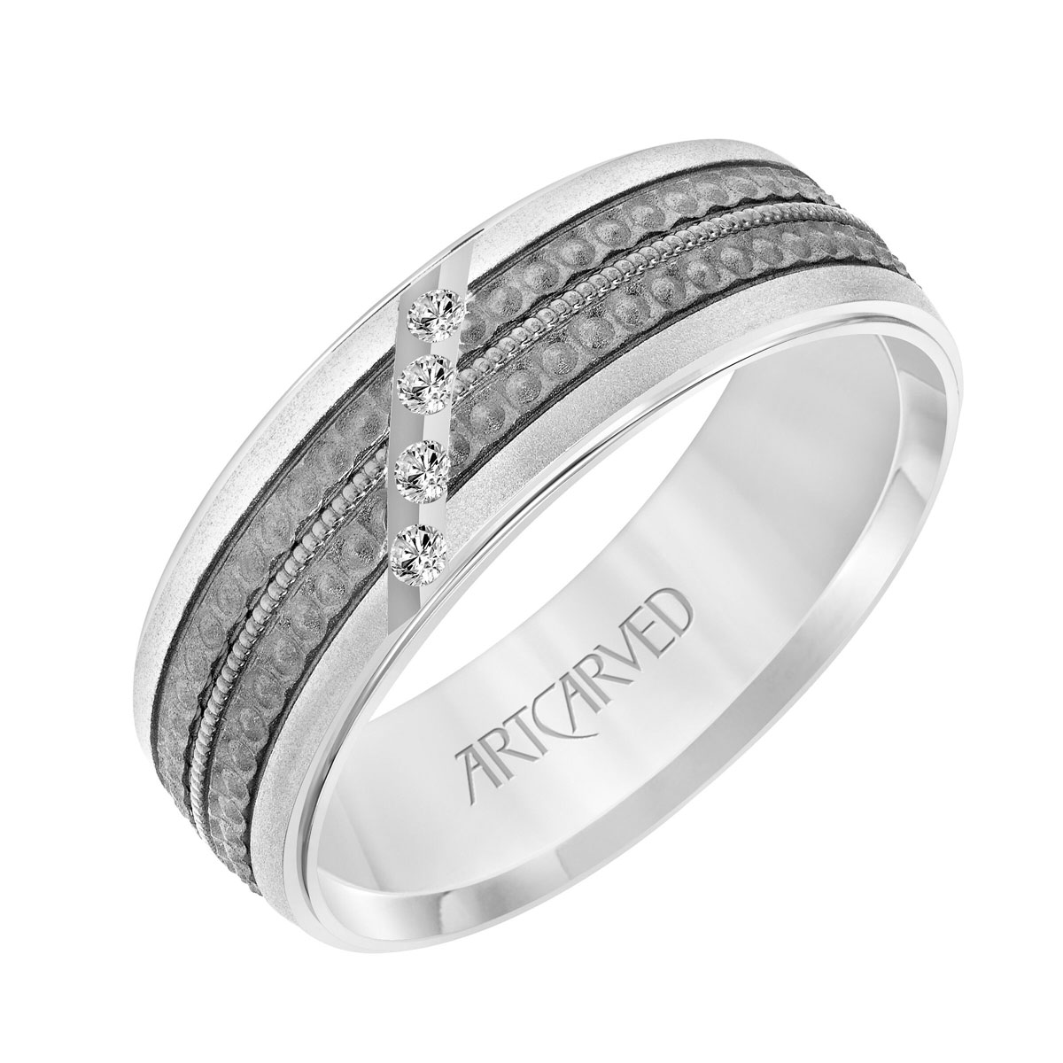 ArtCarved Diamond Inlay 7 mm Wedding Band in White Gold with Black Rhodium, Size 10
