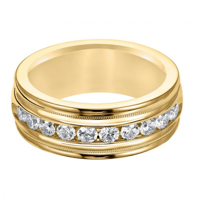 8.5 mm Diamond Channel Set High Polish Wedding Band with Milgrain Edge in Yellow Gold, Size 10