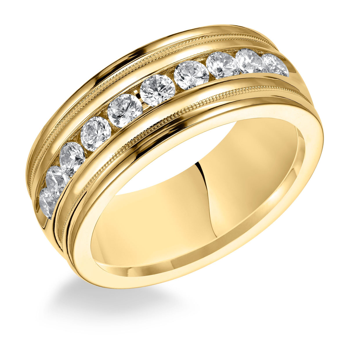 8.5 mm Diamond Channel Set High Polish Wedding Band with Milgrain Edge in Yellow Gold, Size 10