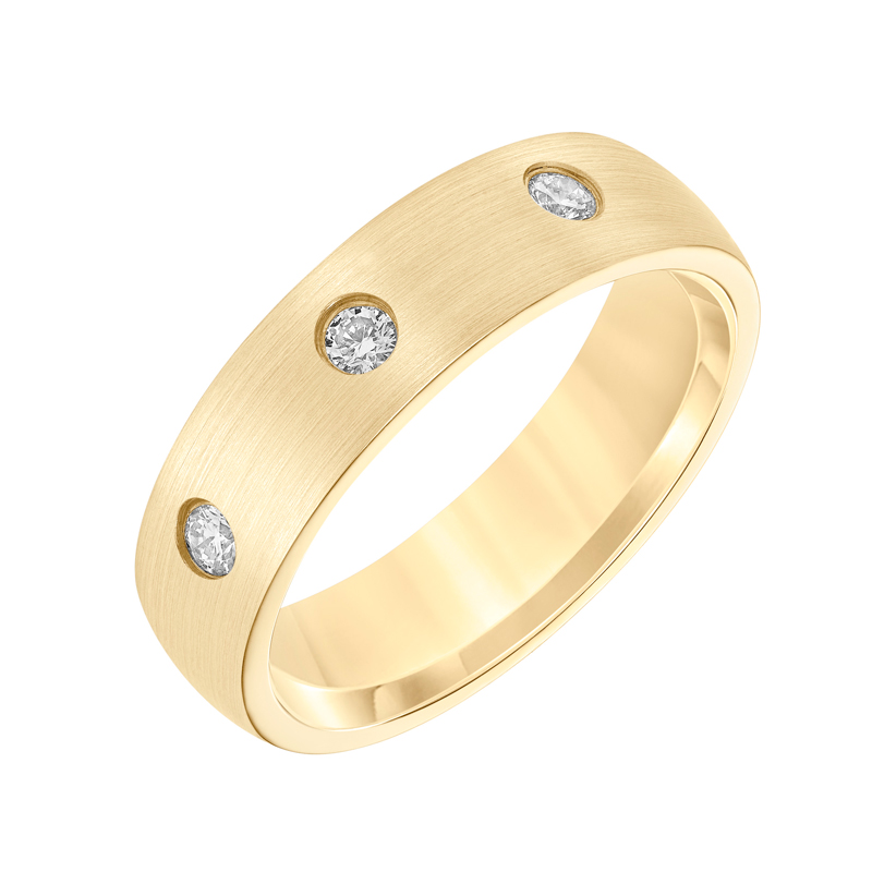 Diamond 3 Stone Flush Set Wedding Band in Satin Yellow Gold, Size 10