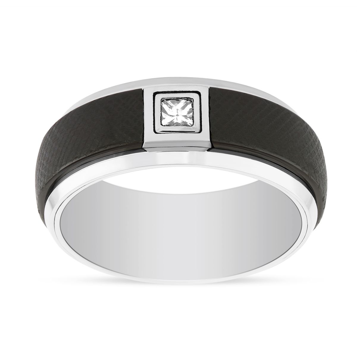 Black & White Tungsten Princess Cut Diamond Wedding Band, Size 10