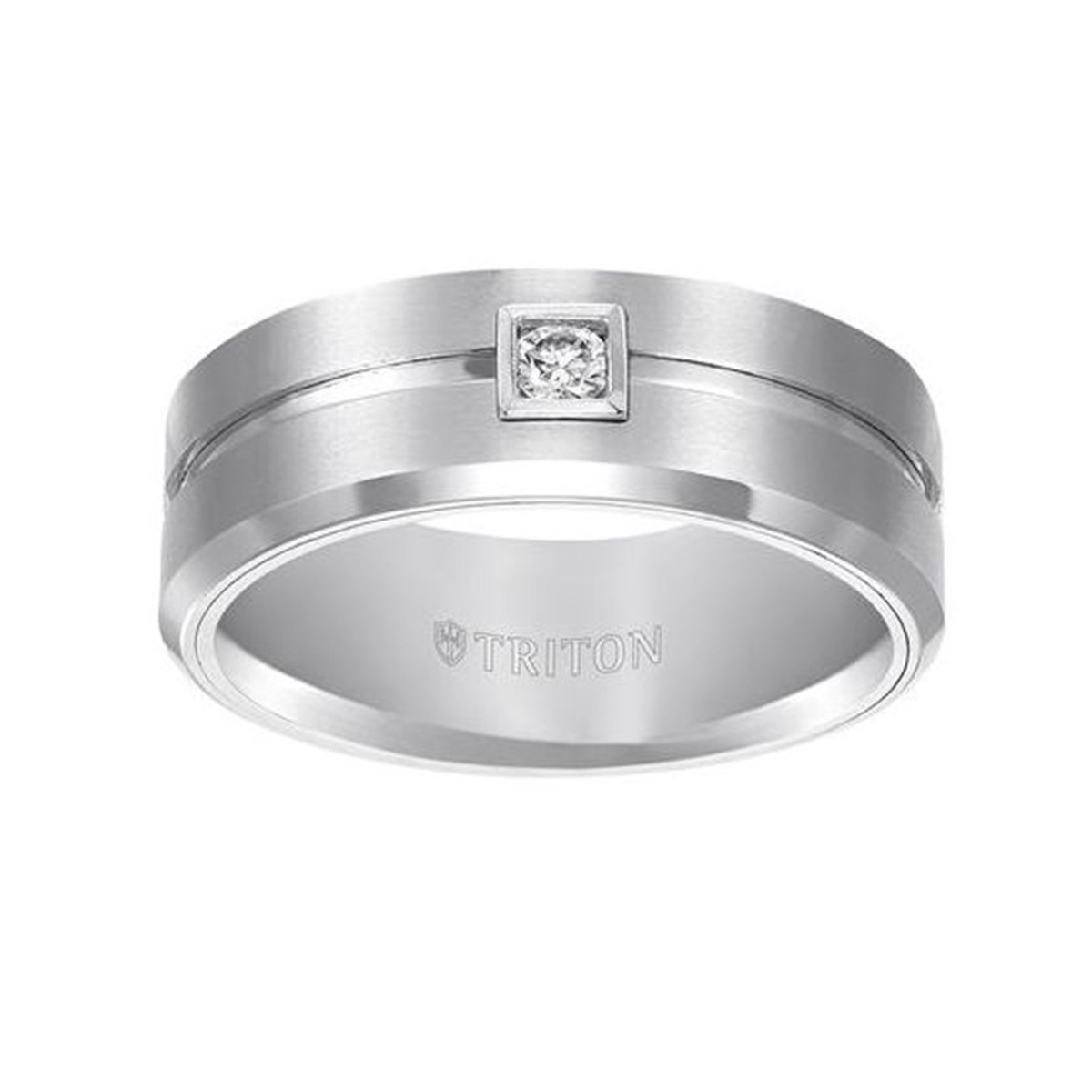 Tungsten 9mm Diamond Satin Wedding Band with Grooved Center, Size 10