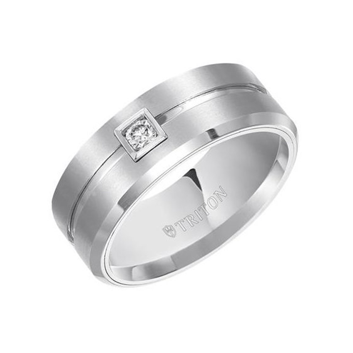 Tungsten 9mm Diamond Satin Wedding Band with Grooved Center, Size 10