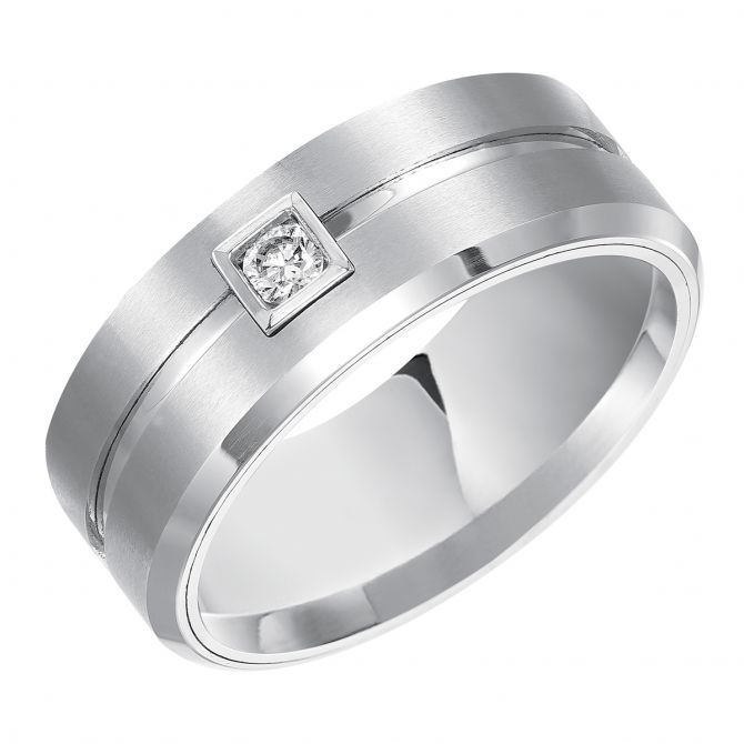 White Tungsten Beveled & Grooved Wedding Band with Diamond Inlay, Size 13