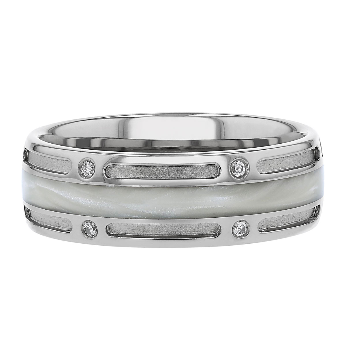 Furrer-Jacot White Gold & White Ceramic Groove & Diamond Wedding Band, Size 9.5