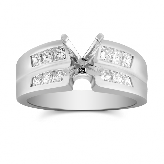 White Gold Double Concave Double Channel Set Princess Cut Diamond Ring Setting