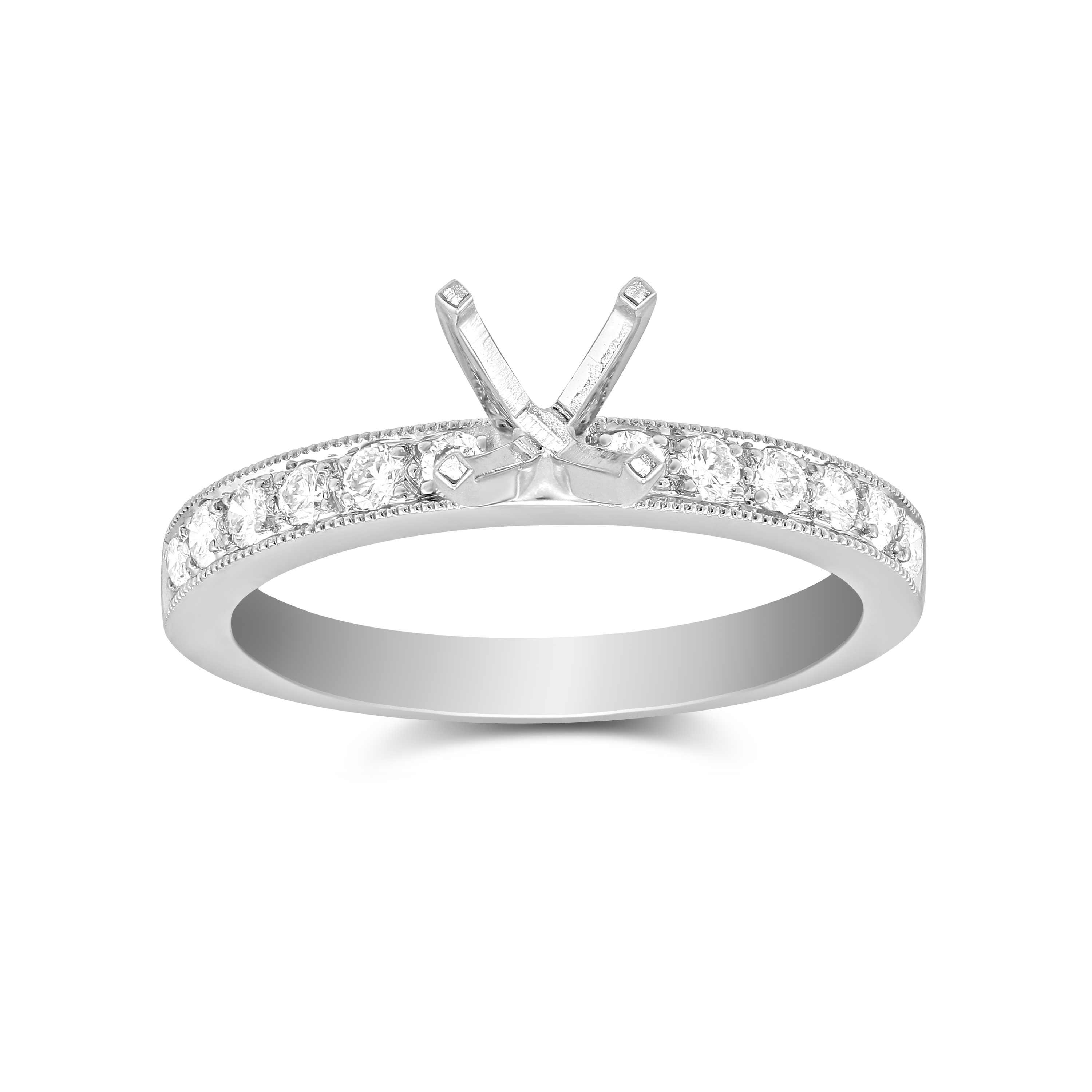 White Gold Single Row Prong Set Round Diamond Ring Setting With Milgrain Edge