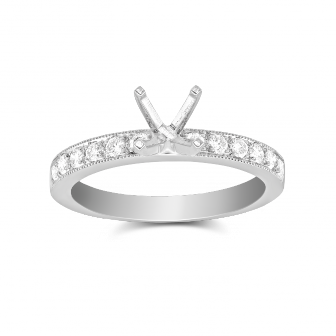 White Gold Single Row Prong Set Round Diamond Ring Setting With Milgrain Edge