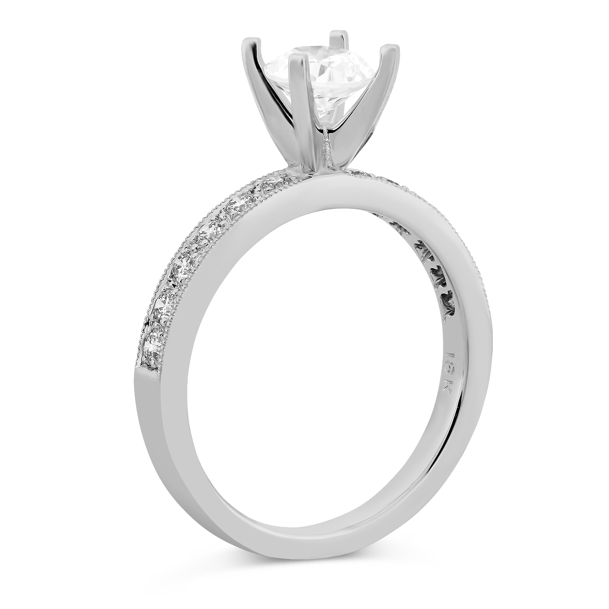 White Gold Single Row Prong Set Round Diamond Ring Setting With Milgrain Edge