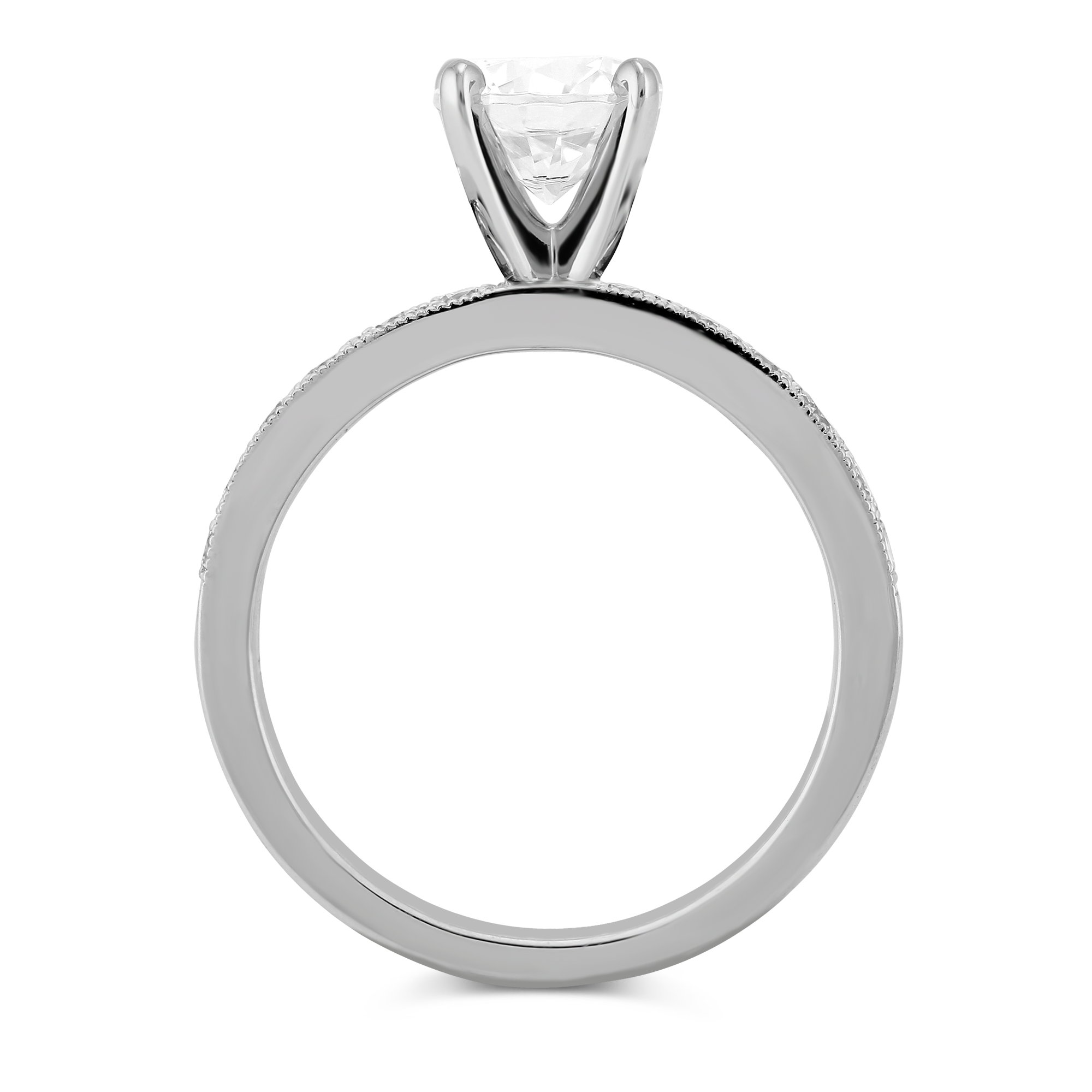White Gold Single Row Prong Set Round Diamond Ring Setting With Milgrain Edge