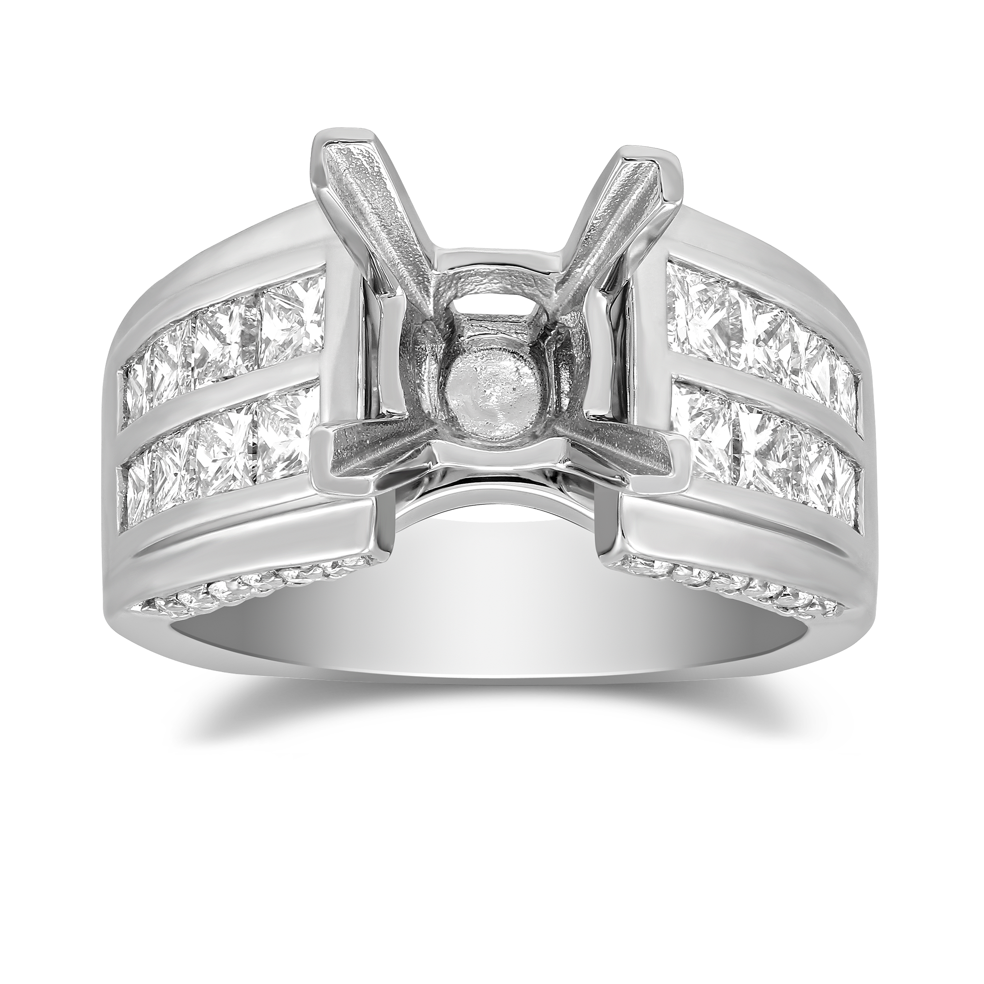 White Gold Channel Set Princess Cut Two Row Diamond Ring Setting