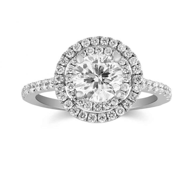 18K White Gold Prong Set Round Diamond Double Halo Ring Setting