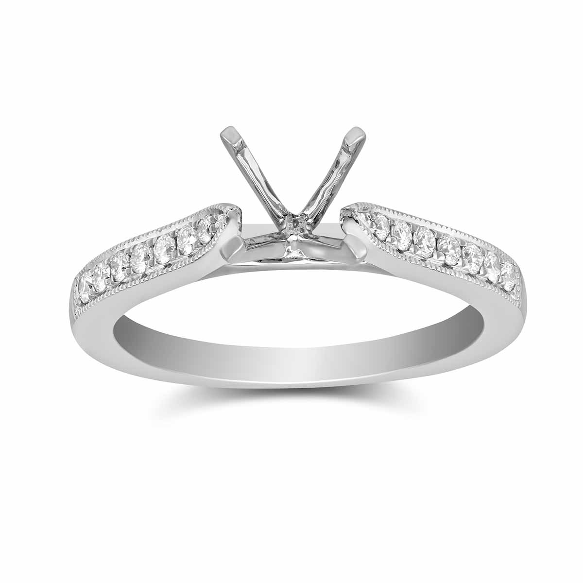 White Gold Prong Set Round Diamond Ring Setting With Milgrain Edge Detail