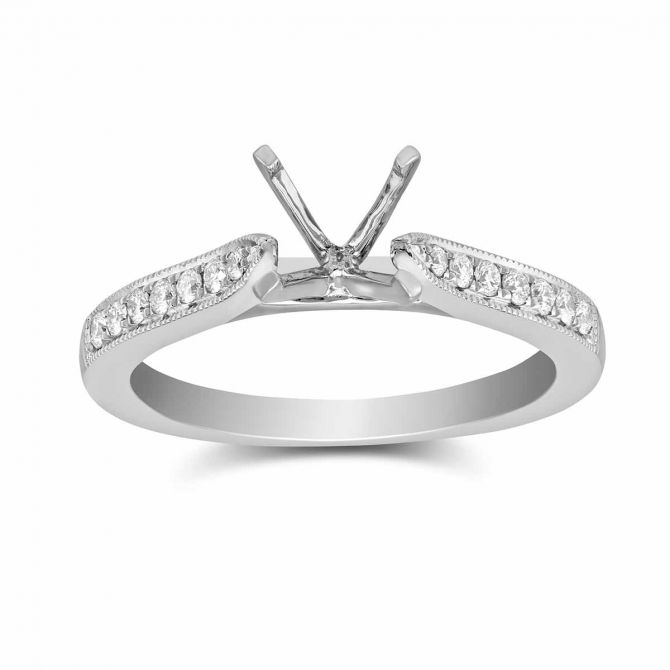 White Gold Prong Set Round Diamond Ring Setting With Milgrain Edge Detail